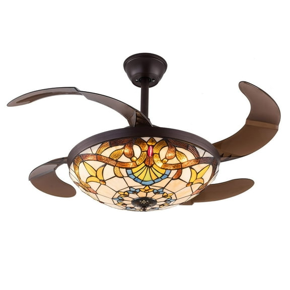 42"Chandelier Retractable Ceiling fan Remote Control Light Fixture 42'' Invisible Ceiling Fan w/LED Light Retro Stained Glass LED Chandelier