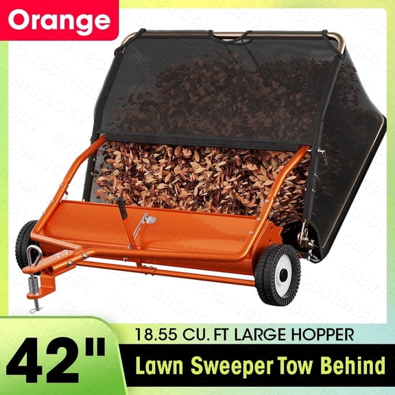 42" Tow-Behind Lawn Sweeper, 18.55 Cu.Ft Large Hopper Leaf & Grass Collector, Adjustable Brush Height, Easy Dumping Rope, Heavy Duty Yard Cleanup Tool for Lawn Tractor ATV