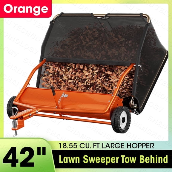 42" Tow-Behind Lawn Sweeper, 18.55 Cu.Ft Large Hopper Leaf & Grass Collector, Adjustable Brush Height, Easy Dumping Rope, Heavy Duty Yard Cleanup Tool for Lawn Tractor ATV
