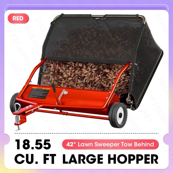 42" Tow Behind Lawn Sweeper Leaf Collector Sweeper for Lawn 18.55 Cu. ft Capacity, Red