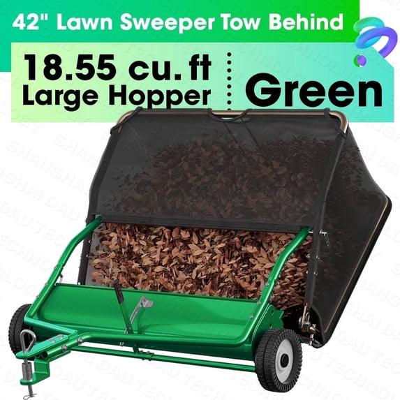 PPOLB 42 in. tow behind lawn sweeper leaf collector for grass, 18.55 cu. ft capacity, green