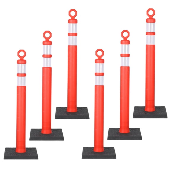 42" Traffic Delineator Posts, 6-Pack PVC Safety Cones with Reflective Collar & Rubber Base for Parking Lots Road Construction