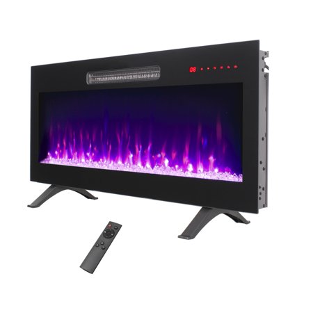 42" Ultra Thin Electric Fireplace Heater, Wall Mounted Recessed Fireplace with Tempered Glass, LED Flame & Remote