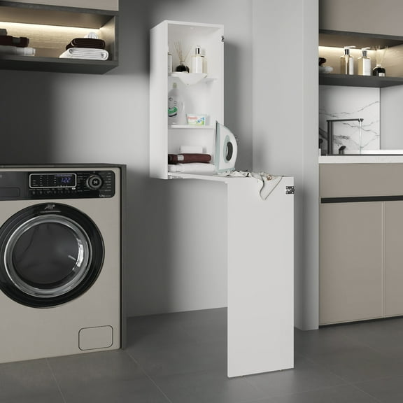 42" W Foldable Iron Table Cabinet - Practical Desk With Pull Down Shelves And Function Space, White In For Space Saving, Shelf