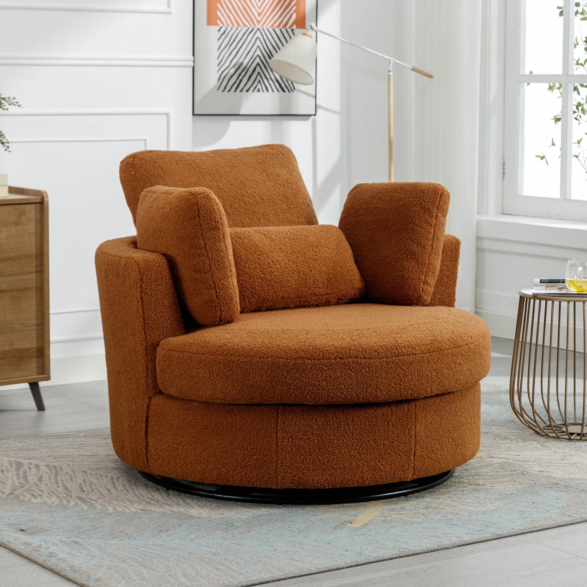 42"W Oversized Swivel Barrel Chair with 3 Pillows, Sherpa Fabric Lounge ...
