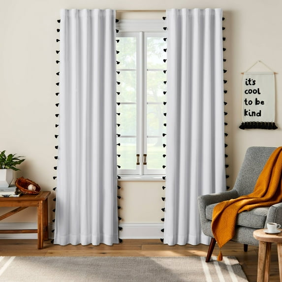 42"W x 95"L Tassel Kids' Blackout Window Curtain Panel White/Black