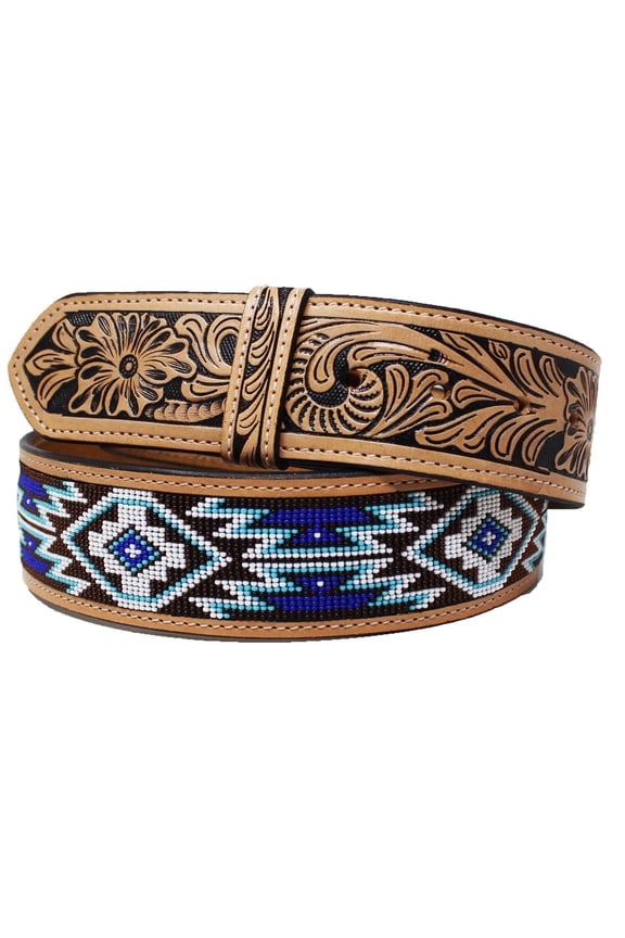 42 Western 2" Wide Floral Tooled Beaded Inlay Genuine Leather Belt 26FK33U2
