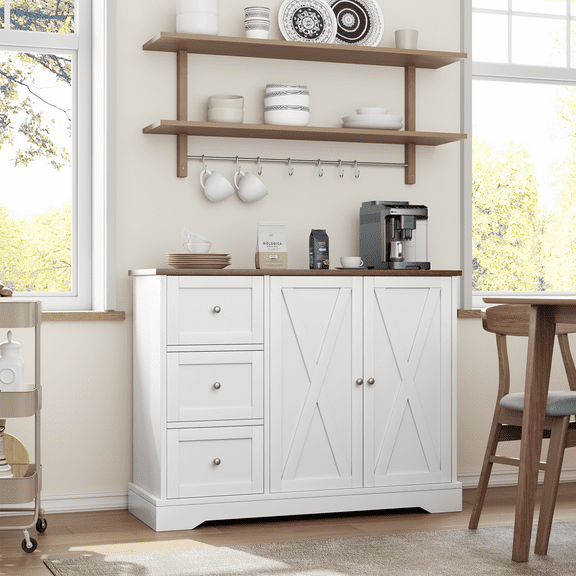 42" White Farmhouse Buffet Cabinet with 3 Drawers – Storage Coffee Bar Sideboard for Kitchen, Dining and Living Room