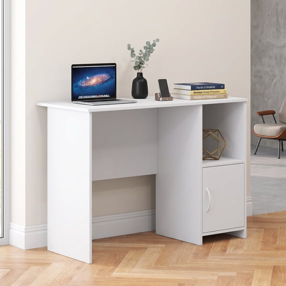 42" White Home Office Computer Desk with Cabinet & Storage Shelf, Modern Executive Desk for Small Spaces