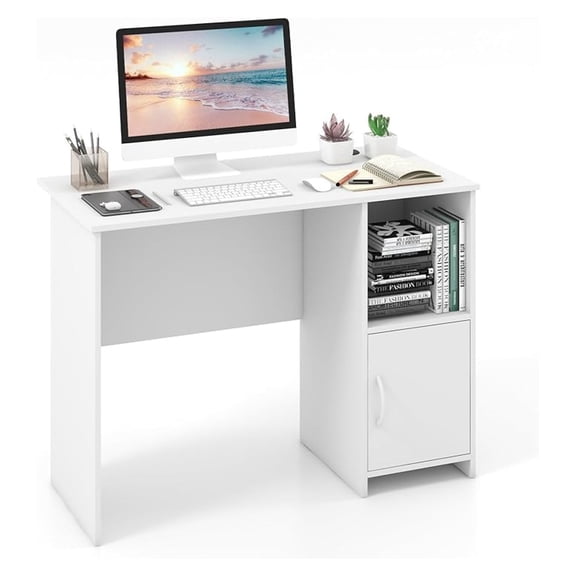 42 White Home Office Desk, Modern Computer Workstation with Open Compartment & Cabinet, Compact Writing Desk with Cable Holes for Bedroom, Study Room, Dorm