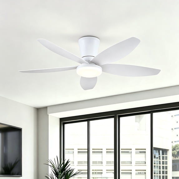 PHORUS 42" White Flush Mount Ceiling Fan with LED Light, Quiet DC Motor, Remote & App Control, 6-Speed Reversible Fan for Bedroom and Living Room