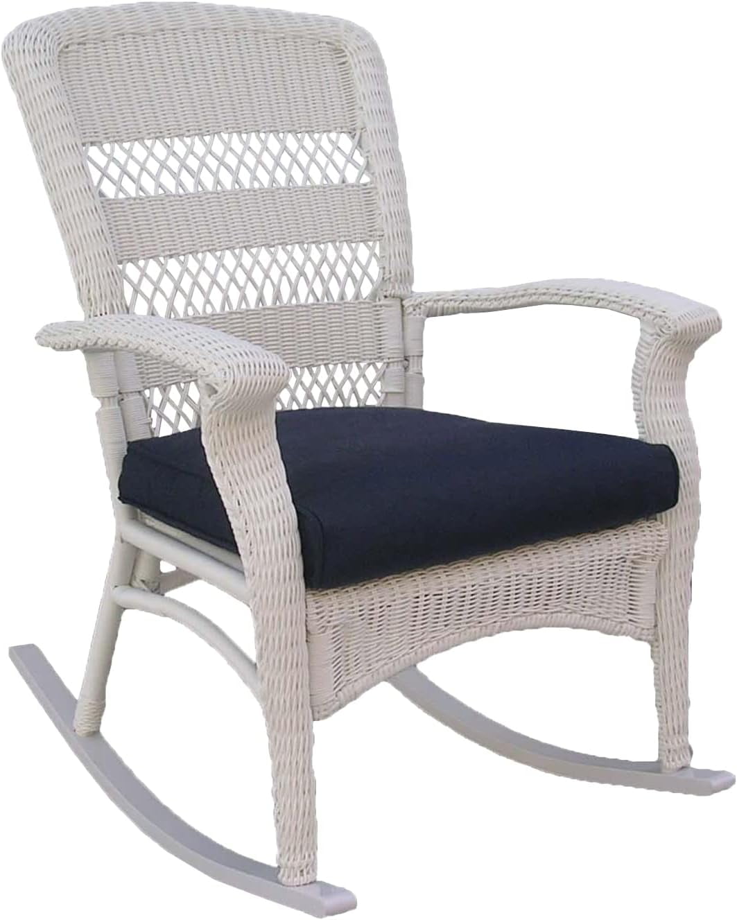 42" White Resin Wicker Rocker Chair with Blue Cushion