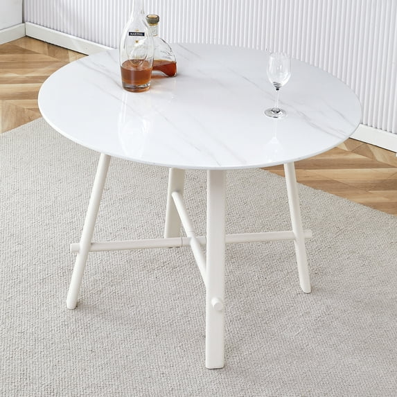42" White Round Dining Table - Modern Minimalist Design, White Patterned MDF Top & Metal Legs, for Kitchen, Restaurant, Conference Room - Seats 4-6