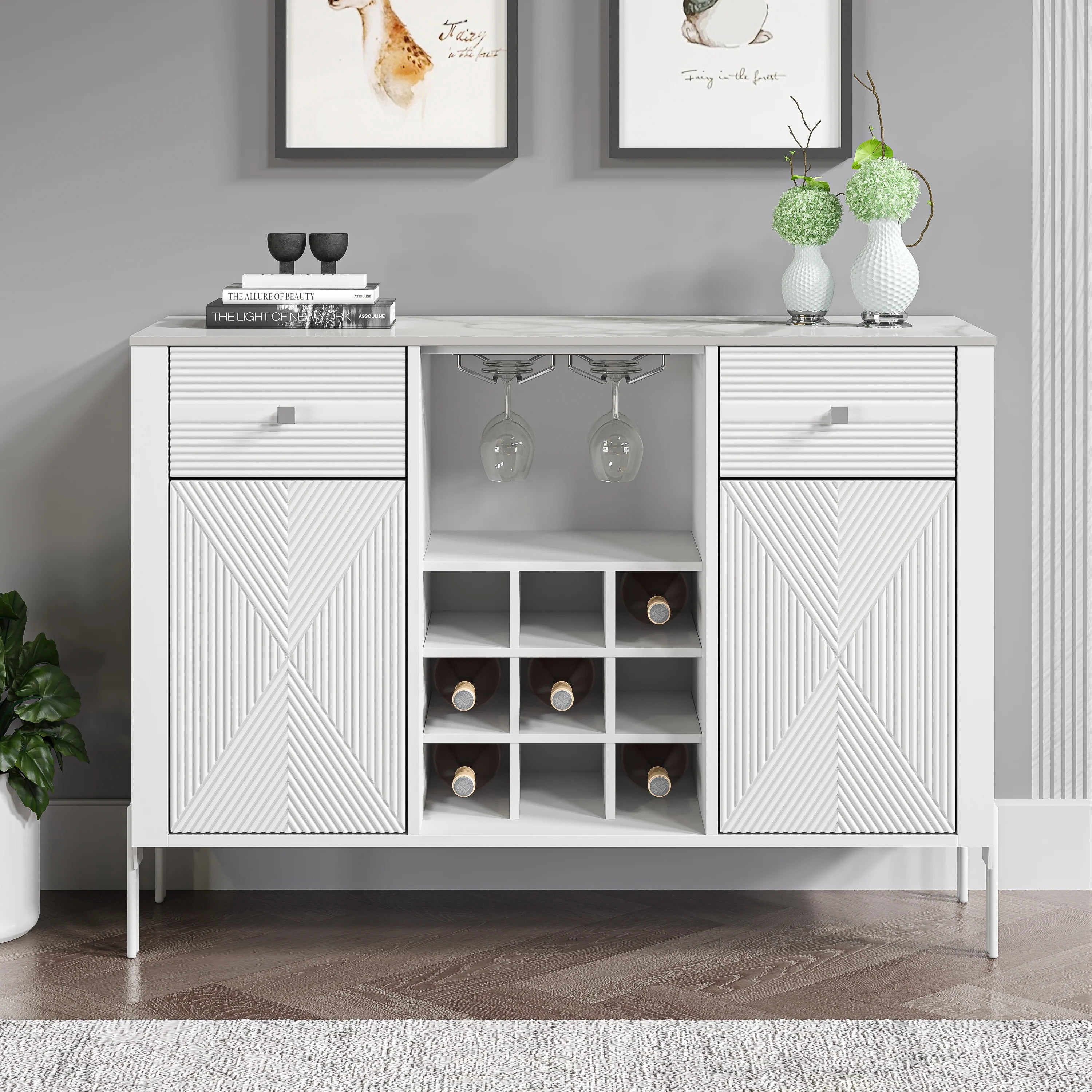 42" Wine Cabinet – Metal Glass Rack, Wood Grid, Adjustable Shelves, Drawers & Slate Top，White