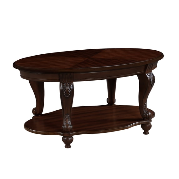 42" Wood Coffee Table for Living Room, 2-Tier Oval Coffee Table with Open Storage Shelf, Antique Table Legs with Elegant Carvings, Easy Assembly, Cherry