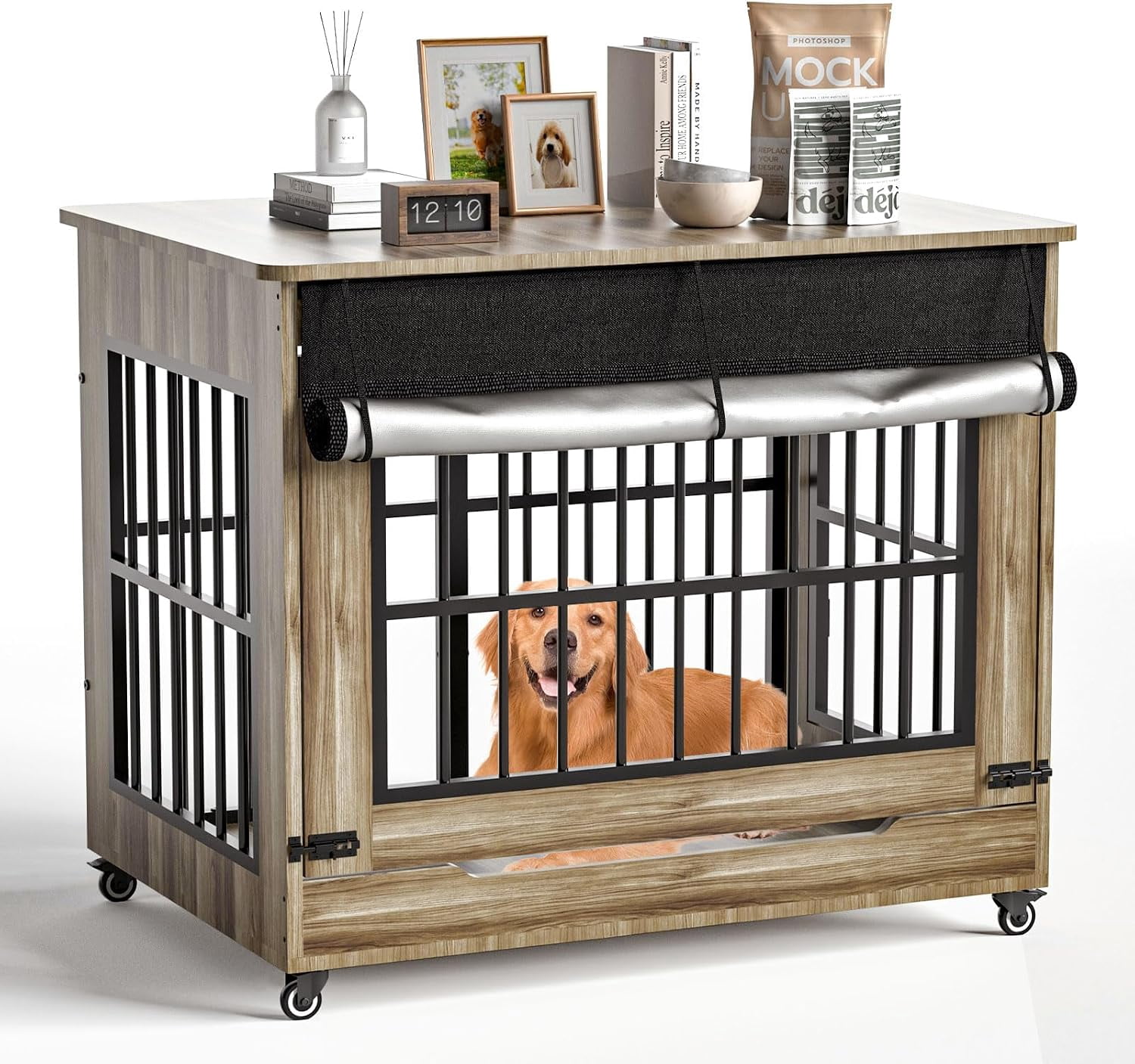 42" Wooden Dog Crate Furniture with Double Door, Lockable Wheels & Blackout Curtain, Decorative Indoor Pet Kennel End Table for Large Breed Dogs, Greige