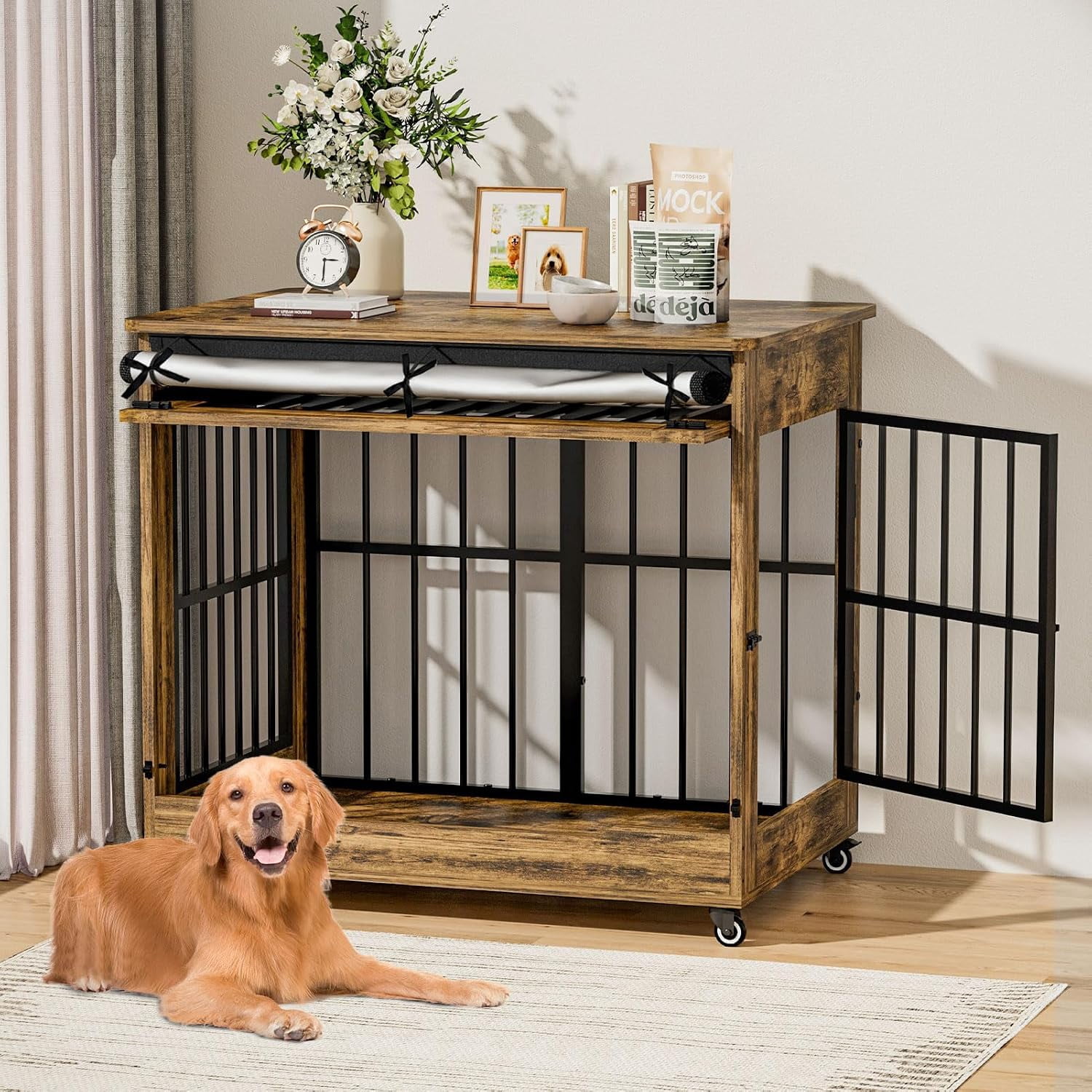 42" Wooden Dog Crate Furniture with Double Door, Lockable Wheels & Blackout Curtain, Decorative Indoor Pet Kennel End Table for Large Breed Dogs, Rustic Brown