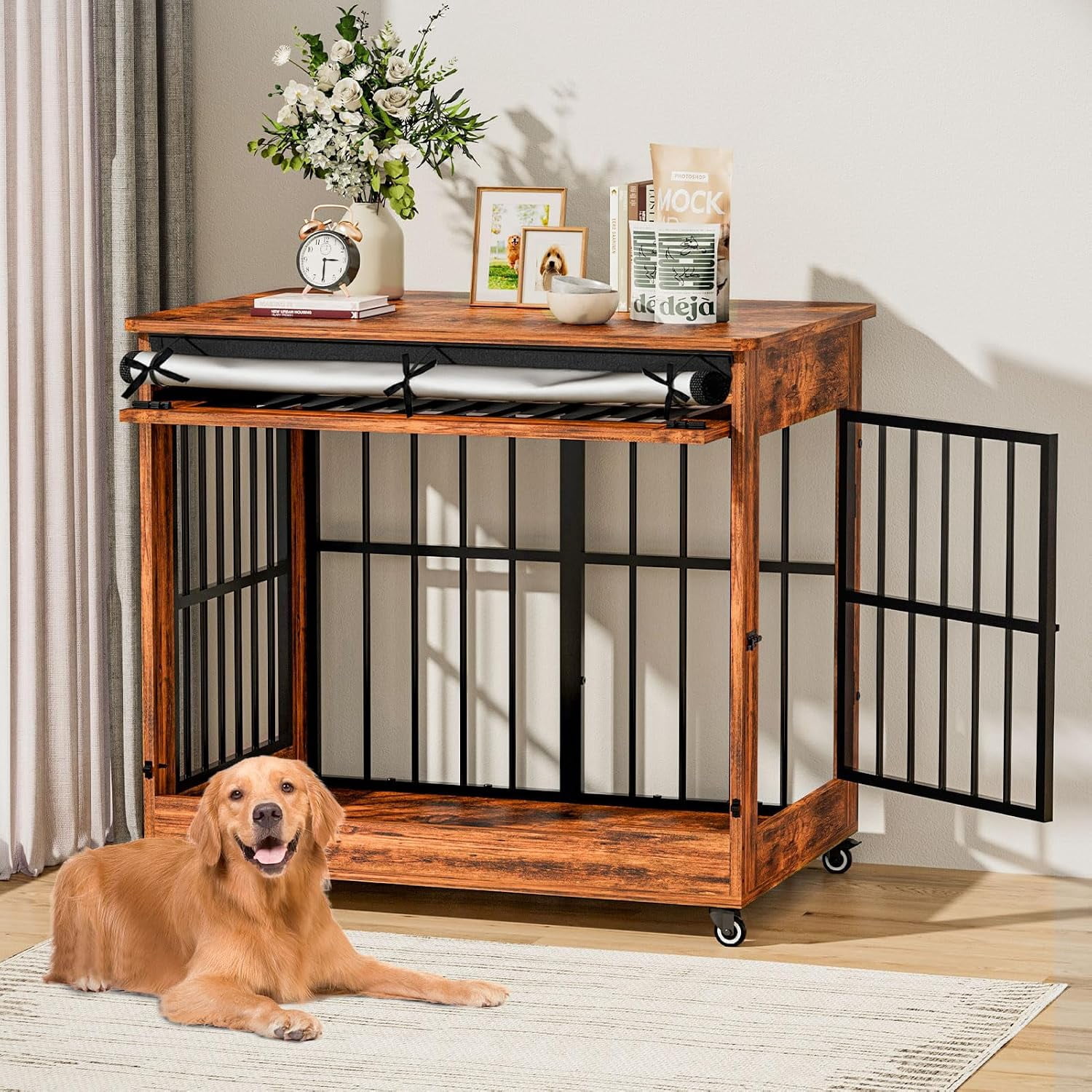 42" Wooden Dog Crate Furniture with Double Door, Lockable Wheels & Blackout Curtain, Decorative Indoor Pet Kennel End Table for Large Breed Dogs, Vintage Brown