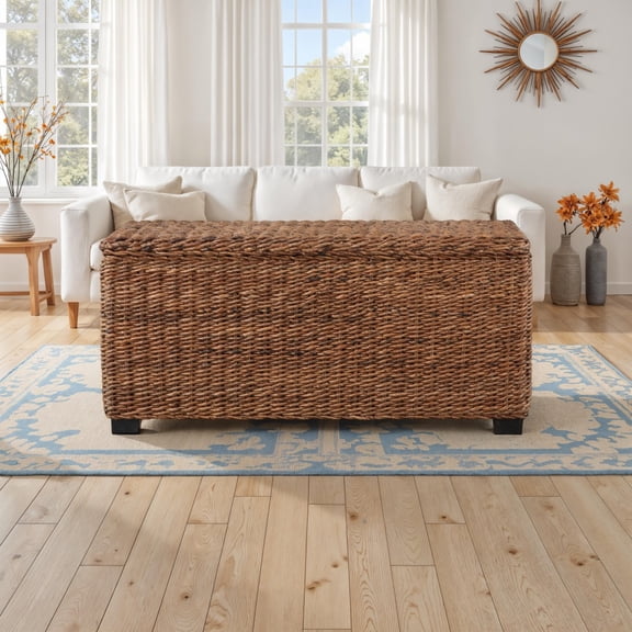 42" Woven Rattan Storage Trunk Solid Mahogany Banana Leaf Wicker Chest with Hinged Lid, Natural Fiber Handwoven, for Living Room, Bedroom, Entryway, Mahogany