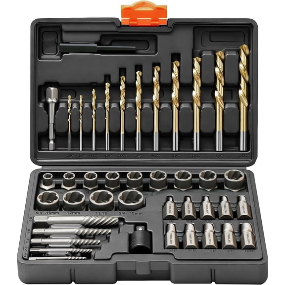 42 count Bolt Extractor Kits with Left Hand Cobalt Drill Bit Set, Easy Out Broken Stripped Screw Extractor Set  for Damaged, Frozen, Studs, Rusted, Rounded-Off , Nuts & Screws