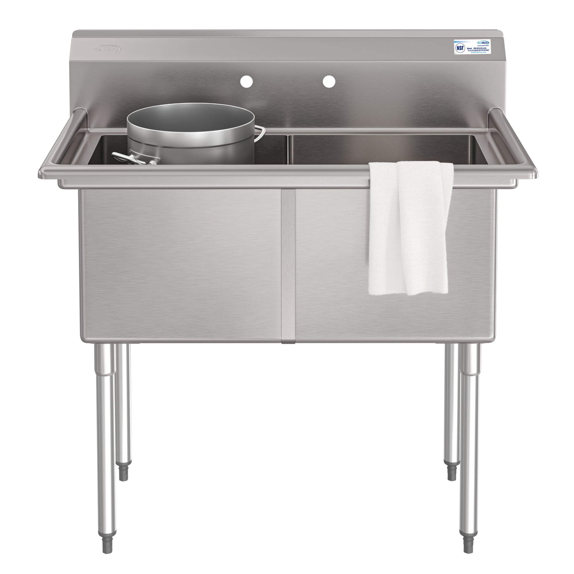 42 in. 18-Gauge 2-Compartment Commercial Sink with Backsplash, Bowl Dimensions 18"x18"x14" in Stainless-Steel (KM-SB181814-N3)