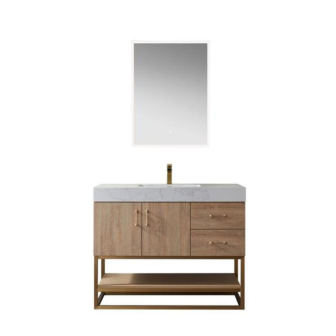 42 Inch North American Oak Vanity with White Stone Countertop and Mirror