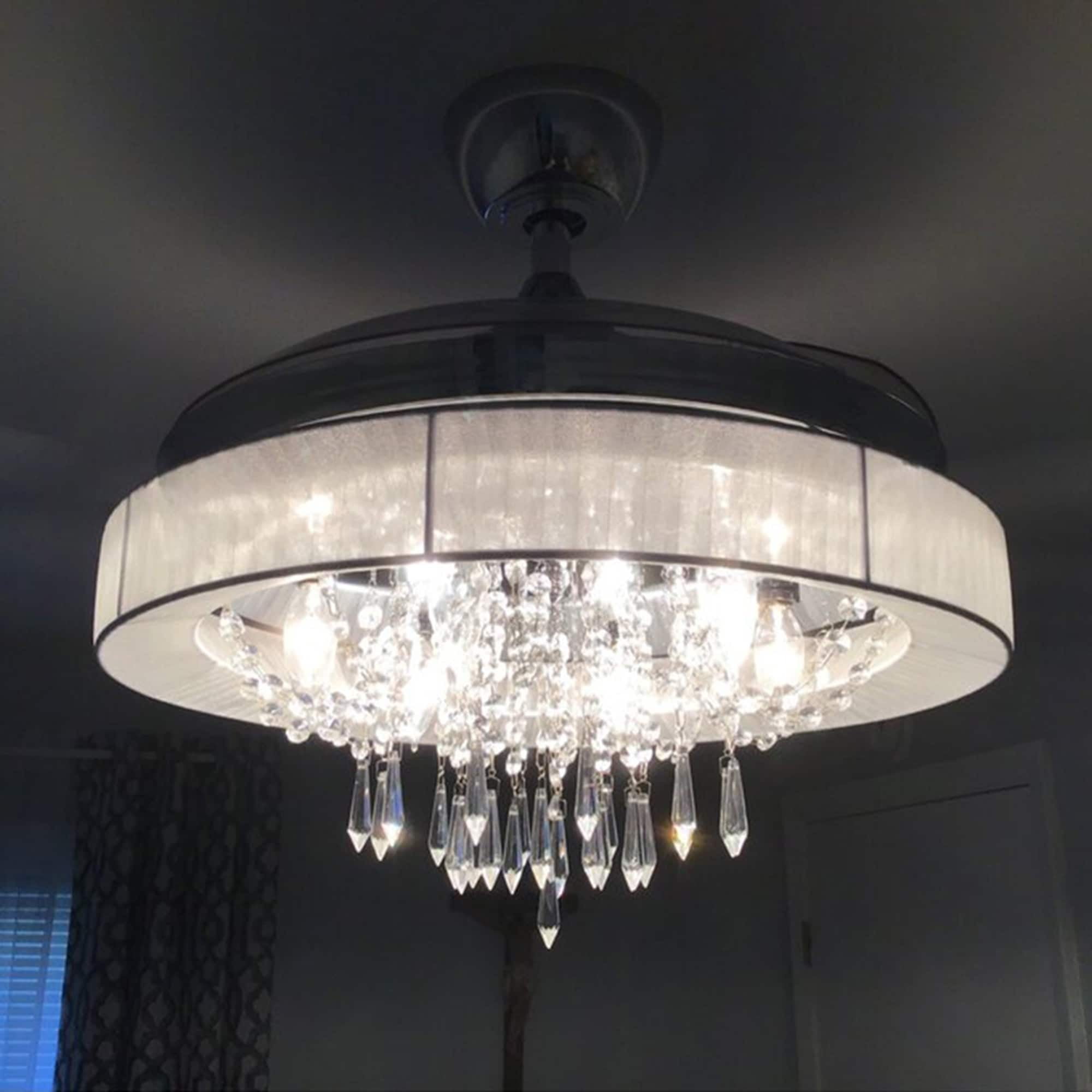 Chrome and Clear Crystal Retractable 42" Chandelier Ceiling Fan with Remote