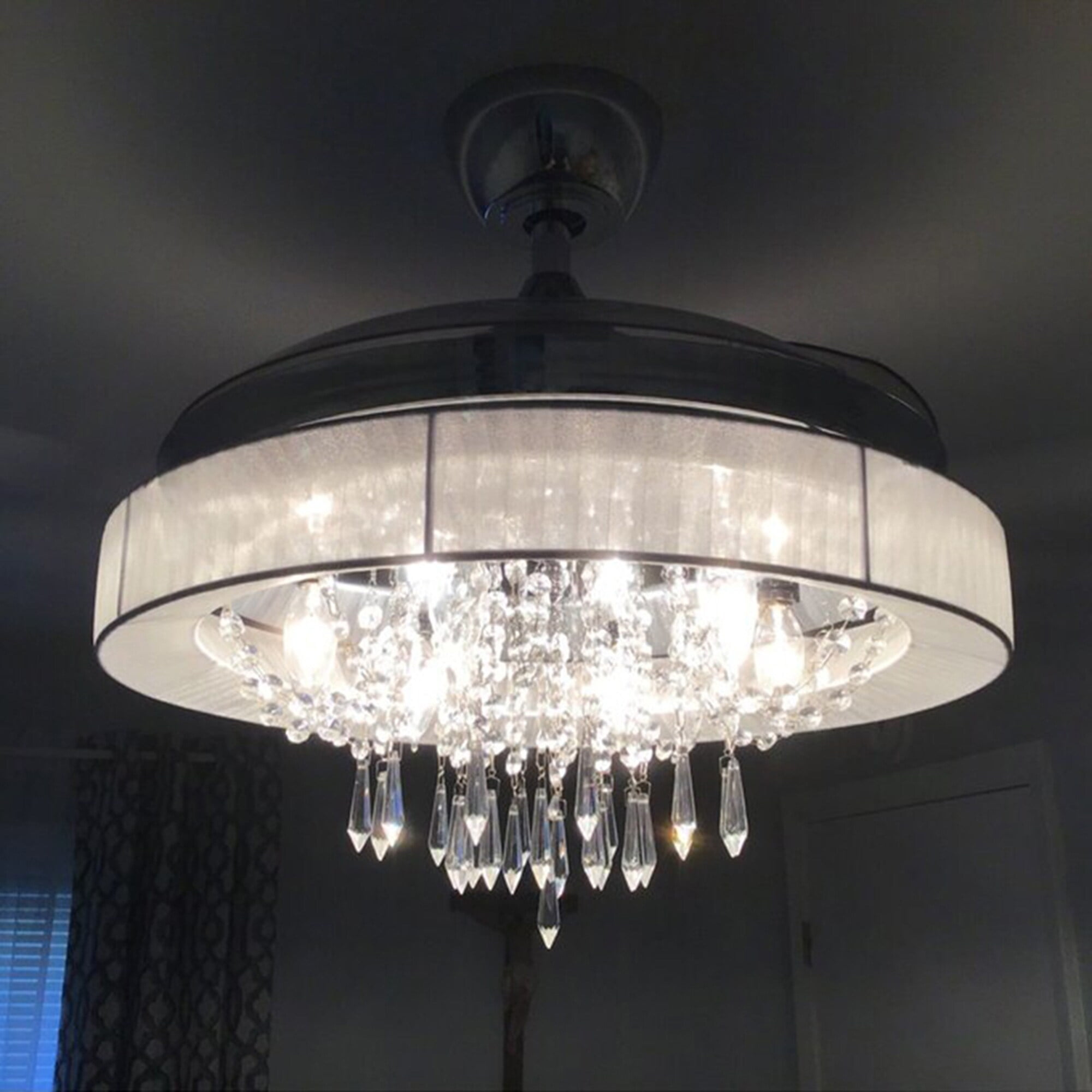 Chrome and Clear Crystal Retractable 42" Chandelier Ceiling Fan with Remote