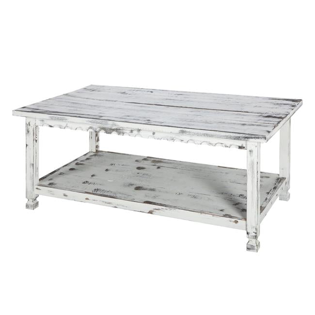 Country Cottage Antique White Wood Coffee Table with Shelf