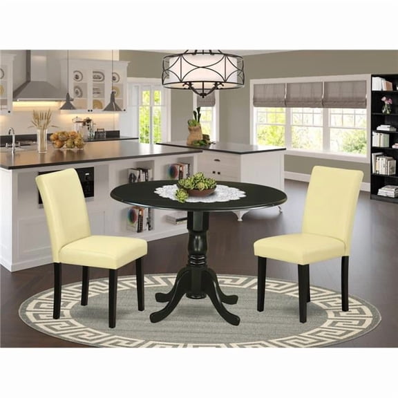 42 in. Dublin Round Dining Room Table with Two 9 in. Drop Leaves & 2 Parson Chair with Black Leg & Pu Leather - Eggnog, 3 Piece