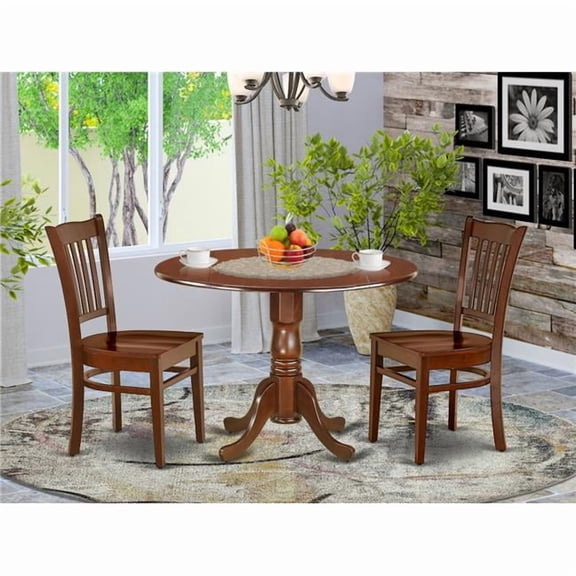 42 in. Dublin Round Dining Table with Two 9 in. Drop Leaves & 2 Wood Seat Chairs - Mahogany, 3 Piece