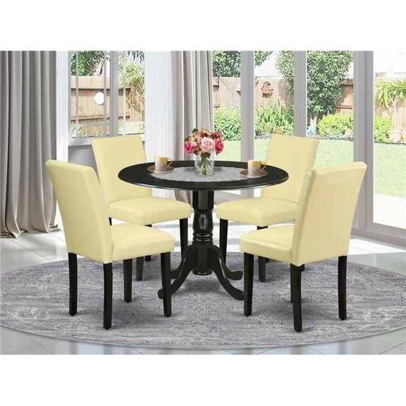 42 in. Dublin Round Kitchen Table with Two 9 in. Drop Leaves & Four Parson Chair with Black Leg & Pu Leather - Eggnog, 5 Piece