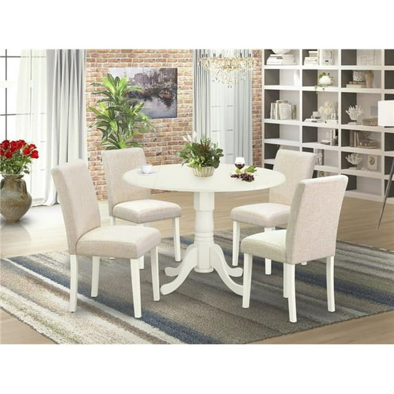 42 in. Dublin Round Kitchen Table with Two 9 in. Drop Leaves & Four Parson Chair with Linen White Leg & Linen Fabric - Light Beige, 5 Piece