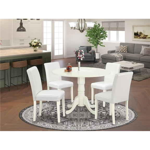 42 in. Dublin Round Kitchen Table with Two 9 in. Drop Leaves & Four Parson Chair with Linen White Leg & Pu Leather - White, 5 Piece