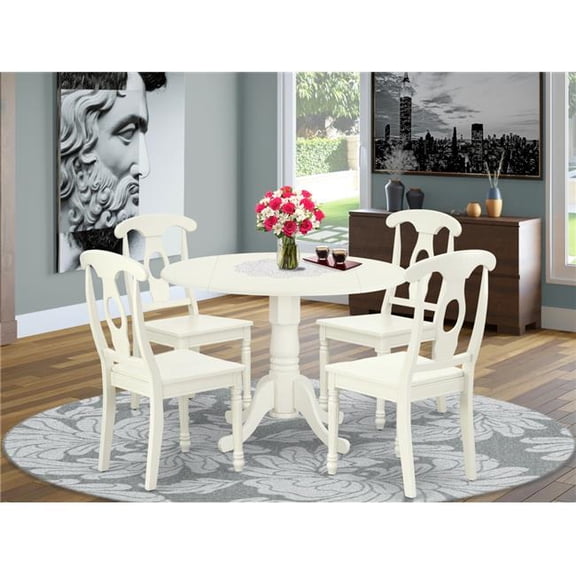 42 in. Dublin Round Table with Two 9 in. Drop Leaves & 4 Panel Back Chairs - Linen White, 5 Piece