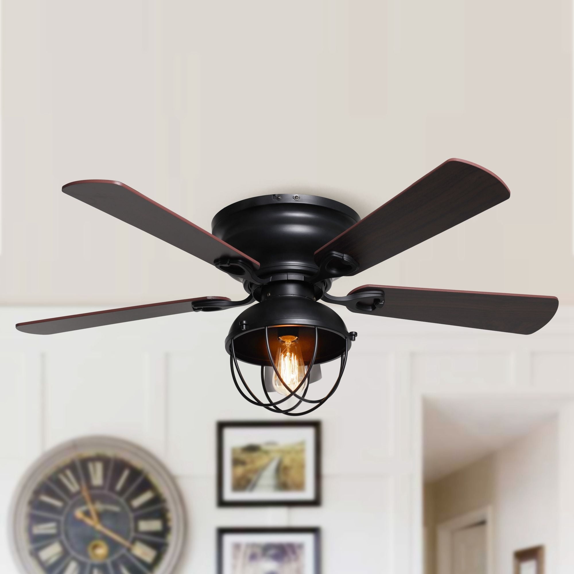 42-Inch Matte Black Industrial Low Profile Ceiling Fan with Light and Remote