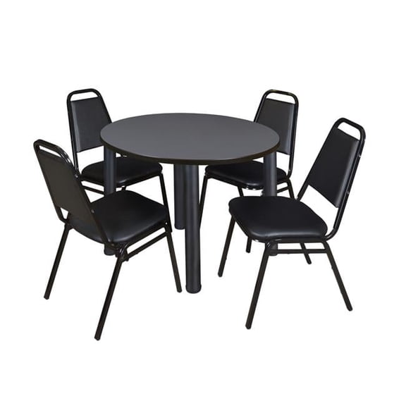 42 in. Kee Round Breakroom Table & 4 Restaurant Stack Chairs, Grey & Black