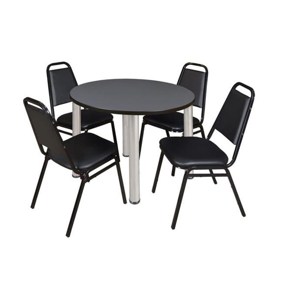 42 in. Kee Round Breakroom Table & 4 Restaurant Stack Chairs, Grey, Chrome & Black