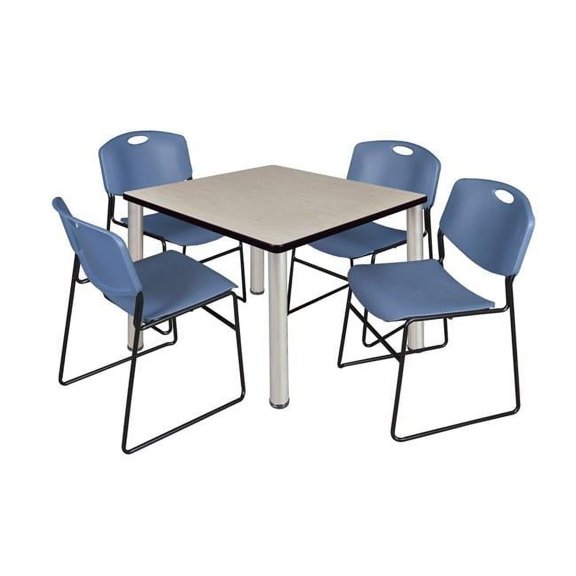42 in. Kee Square Breakroom Table, Maple & Chrome & 4 in. Zeng Stack Chairs - Blue