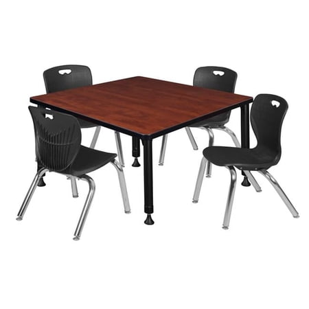 42 in. Kee Square Height Adjustable Classroom Table with 12 in. 4 Andy Stack Chairs, Cherry, Chrome & Black