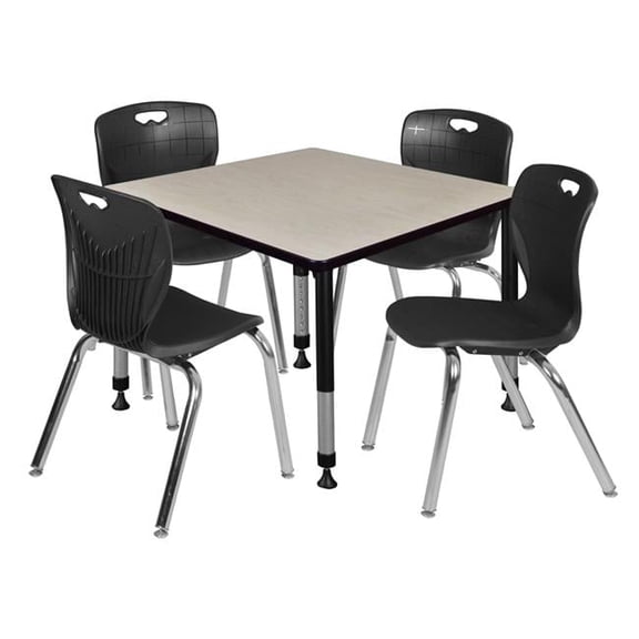 42 in. Kee Square Height Adjustable Classroom Table with 18 in. 4 Andy Stack Chairs, Maple, Chrome & Black