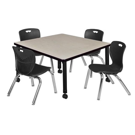 42 in. Kee Square Height Adjustable Mobile Classroom Table, Maple & 4 4 Andy 12 in. Stack Chairs - Black