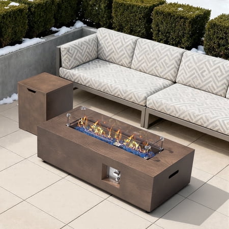 42 in. Retangular Coating Steel Propane Firepit Table, 50,000 BTU Outdoor Fire Pit Table in Dark brown Wood Grain