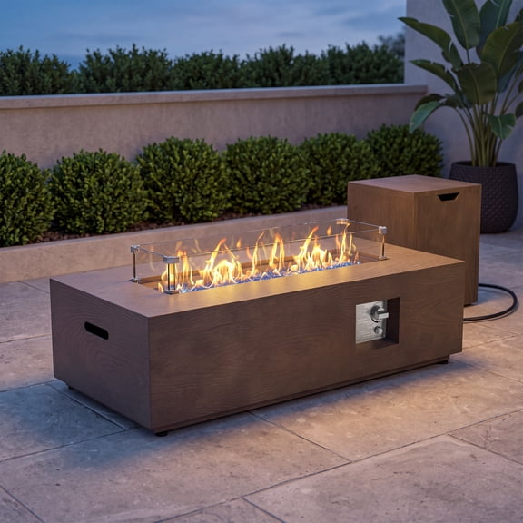 42 in. Retangular Coating Steel Propane Firepit Table, 50,000 BTU Outdoor Fire Pit Table in Dark brown Wood Grain