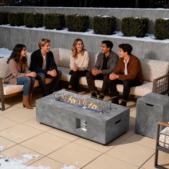 42 in. Retangular Coating Steel Propane Firepit Table, 50,000 BTU Outdoor Fire Pit Table in Gray-Rock Veins
