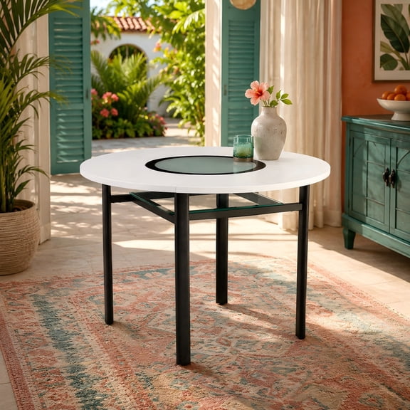 42 in Round Dining Table, White MDF Top with Gray Glass Inlay for Dining Room