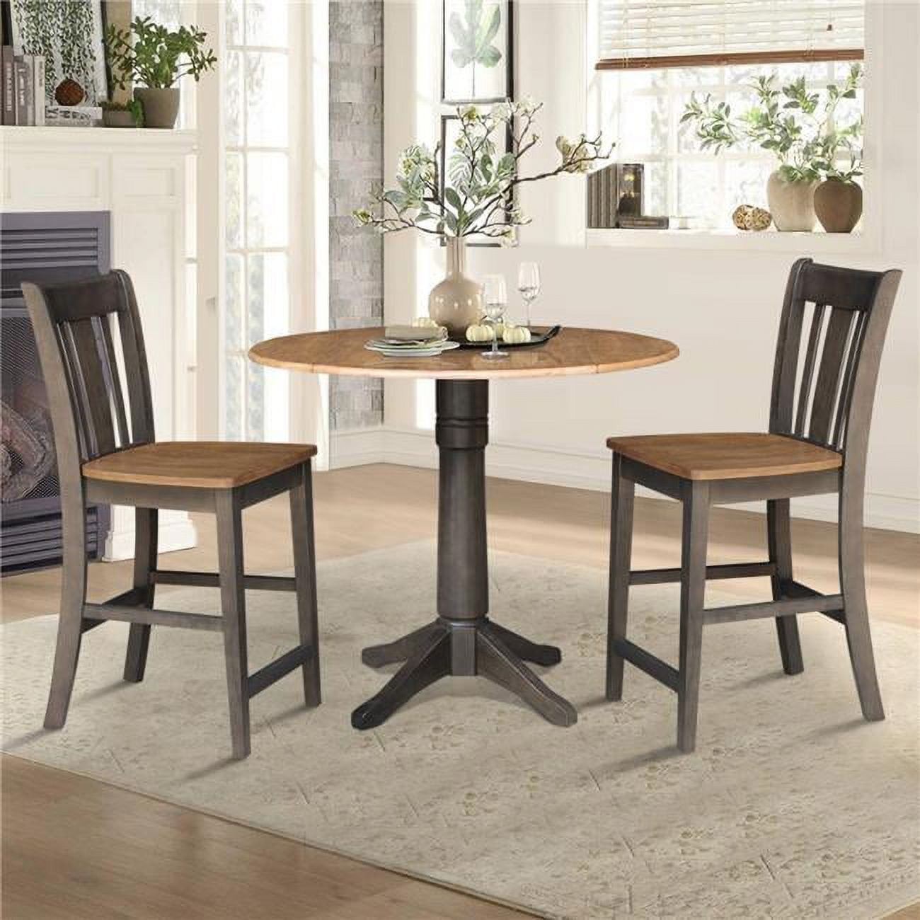 42 in Round Drop Leaf Counter Height Table with 2 Stools in Hickory/Washed Coal