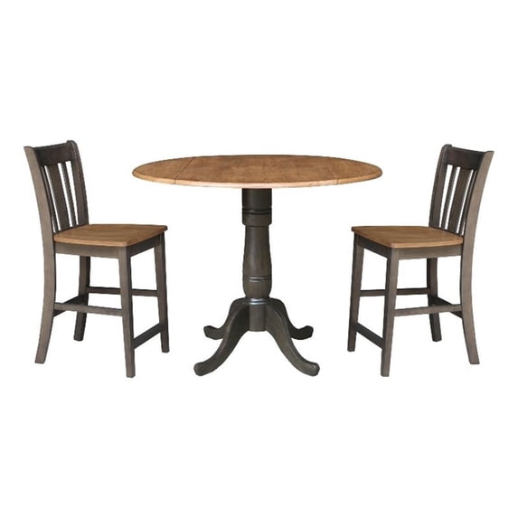 42 in Round Drop Leaf Counter Height Table with 2 Stools in Hickory/Washed Coal