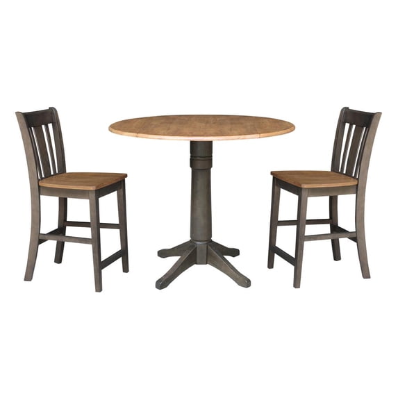 42 in Round Drop Leaf Counter Height Table with 2 Stools in Hickory/Washed Coal
