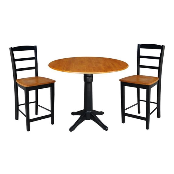 42 in. Round Pedestal Gathering Height Table with 2 Counter Height Stools, Black & Cherry